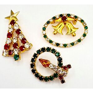Lot of Three Vintage Rhinestone Christmas Pins Wreath Tree Bells